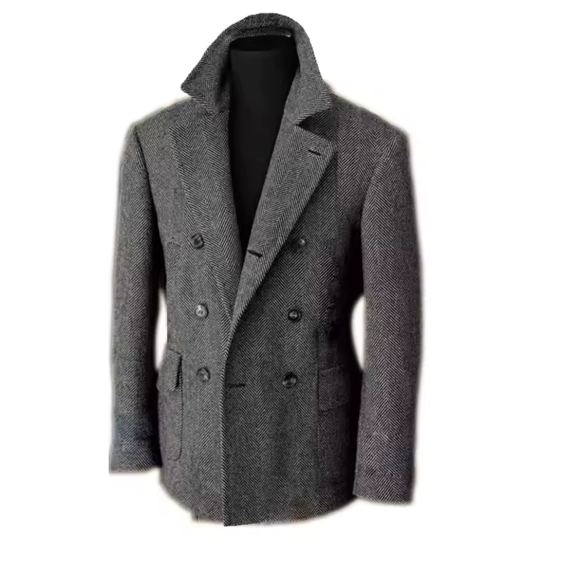British Men's Blazers Vintage Herringbone Tweed Formal Jacket Wool Blend Double Breasted Casual Autumn Winter Suit Coat - Image 14