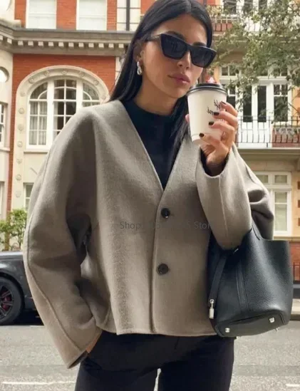 Women Fashion Solid Short Coat Elegant Lantern Sleeve Single Breasted V-neck Female Overcoats 2024 Autumn Office Lady Jackets