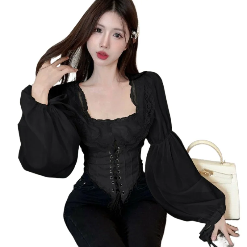 French Court Style Strap-on Shirt Women's Spring Clothing Temperament Commuter Sweet Age-reducing Short Lace Shirt Waist Top New