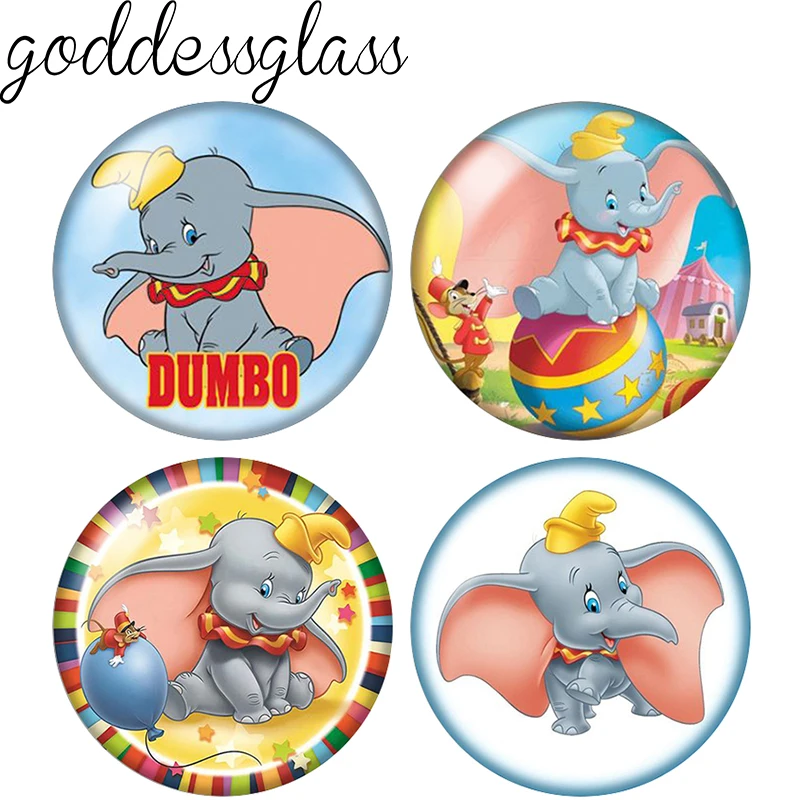 Cute Dumbo Cartoon baby Elephant 10pcs Round 12mm/18mm/20mm photo glass cabochon flat back making findings for keychain Jewelry