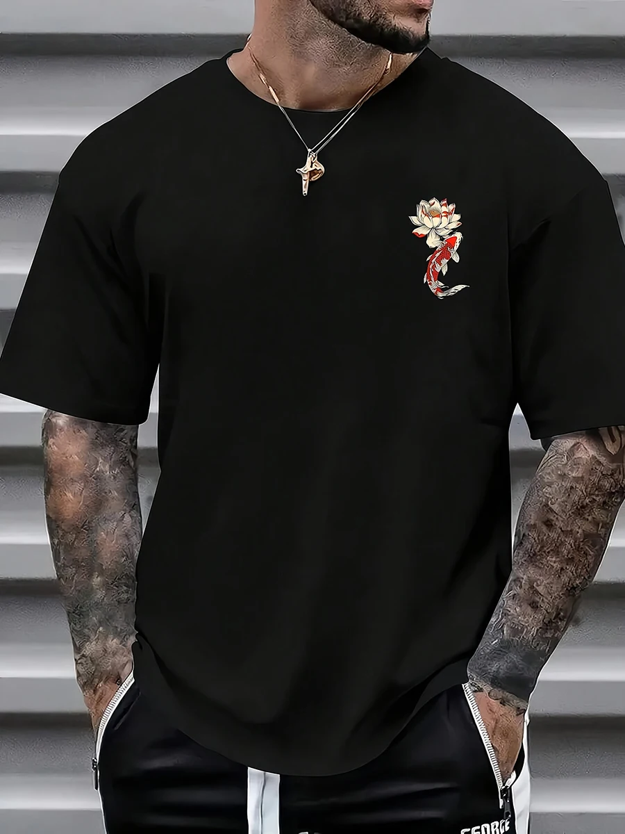 Men's Round Neck Short Sleeved t-Shirt With Chinese Style Koi And Lotus Flower Print Casual Top, Summer Trend Back Printed t-Shi