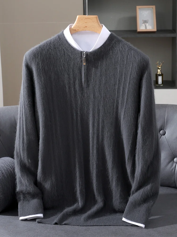 100% Mink Cashmere Thickening Sweater for Men O-neck Half Open Zipper Pullover Autumn Winter Knitwear Top Anti-pilling Clothing