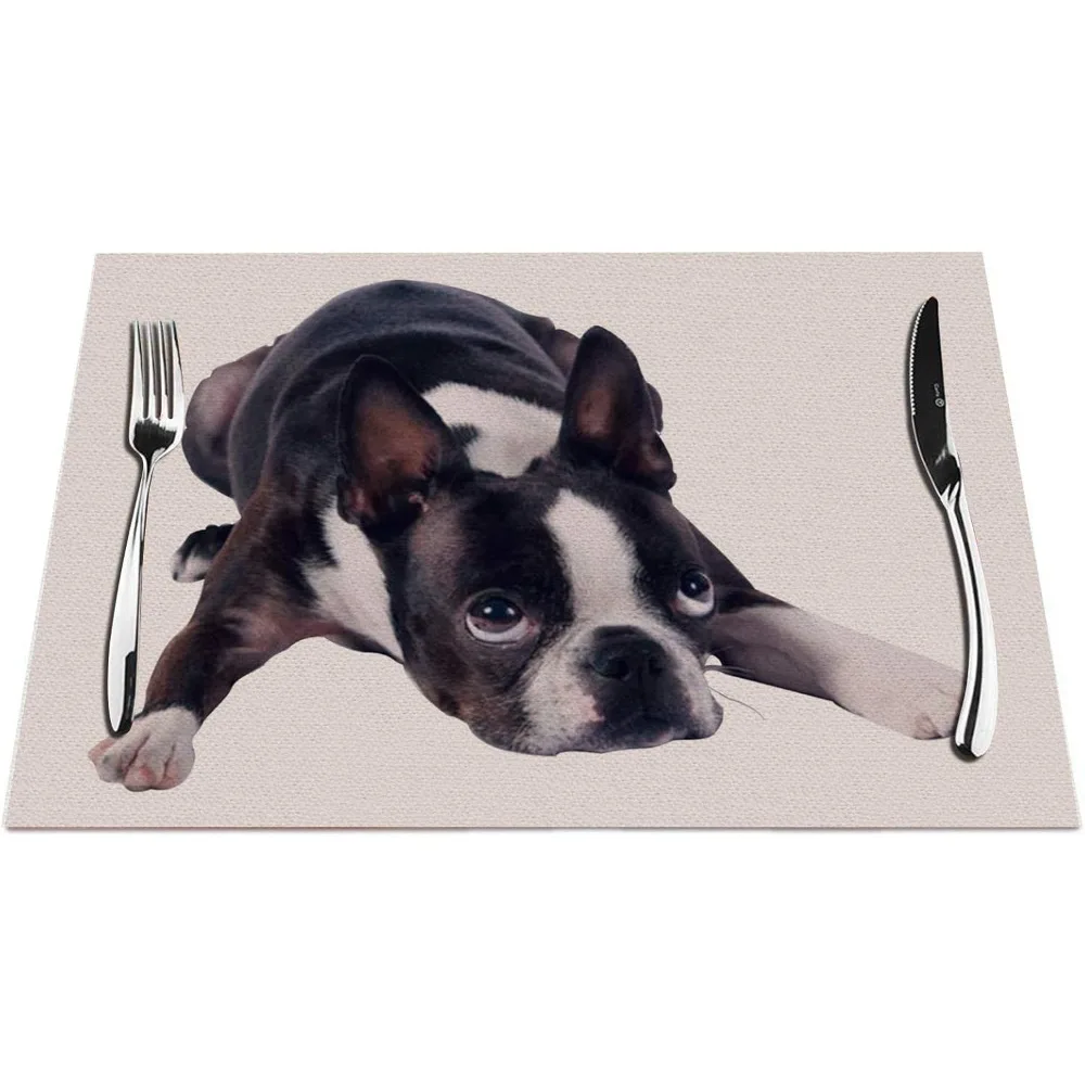 Boston Terrier Placemats Set Of 4, Cute Funny Pet Dogs Boston Terrier Placemats Heat Resistant For Dining Table Non-Slip 18x12‘’