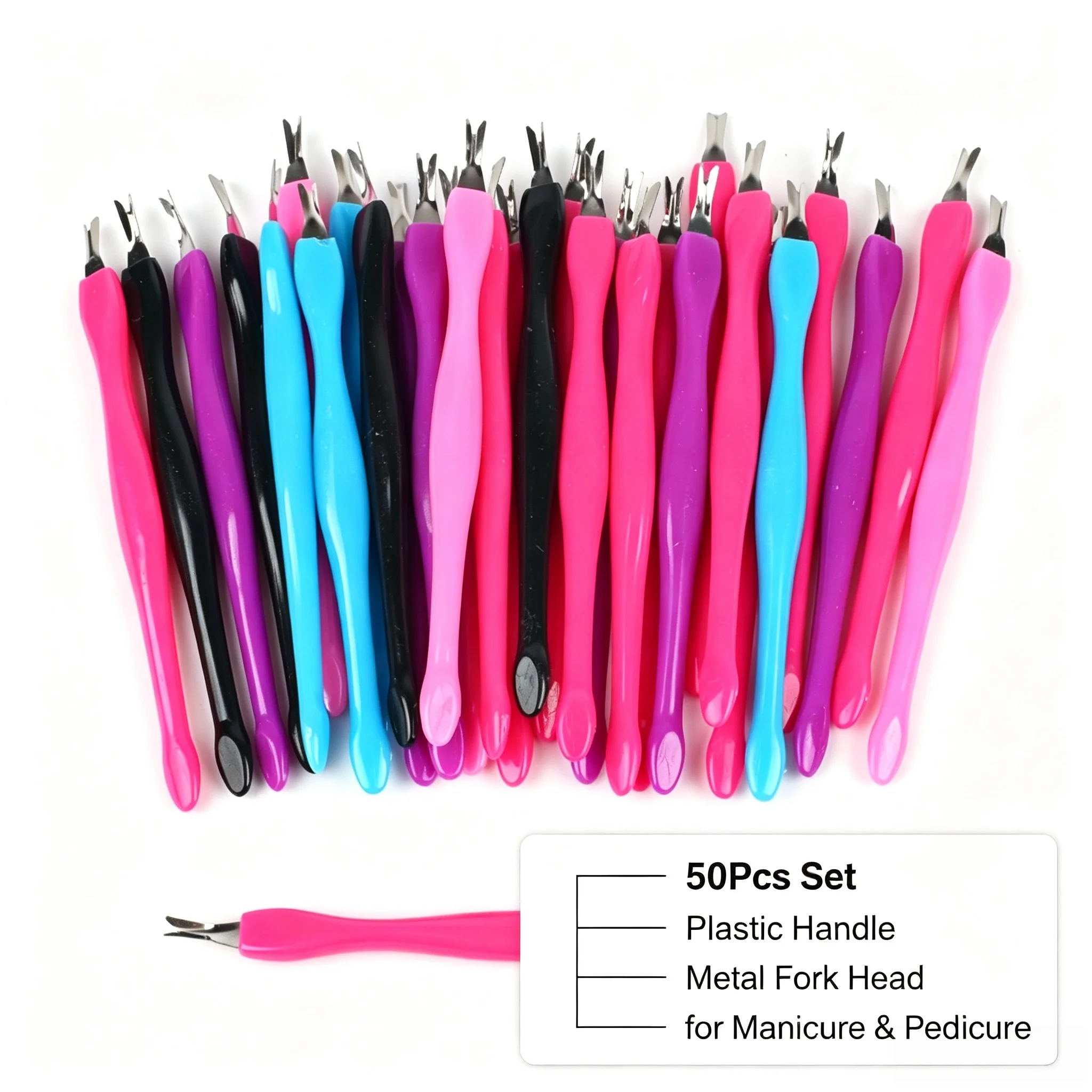 50Pcs Cuticle Trimmer Dead Skin Cleaner Fork Plastic Handle Manicure Pedicure Tools for Nail Care