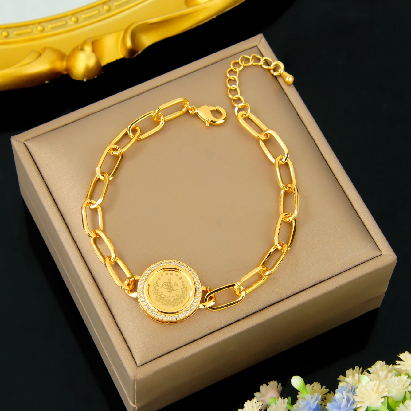 Türkisches Mode-Münzschmuckset 21k Vergoldet Nigeria Braut Hochzeit Zirkonia Halskette Armband Ohrringe Dubai Gold Schmuck – Detail 9