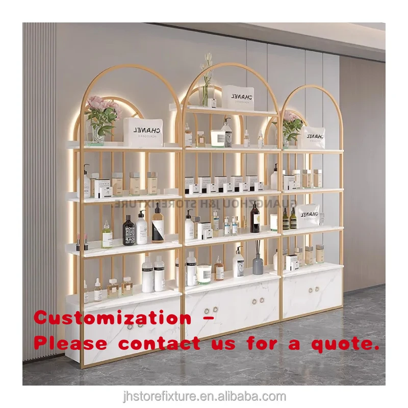 Présentoir de Salon de Coiffure Personnalisé en Promotion avec Étagères, Meuble de Rangement et Vitrine Lumineuse pour Cosmétiques