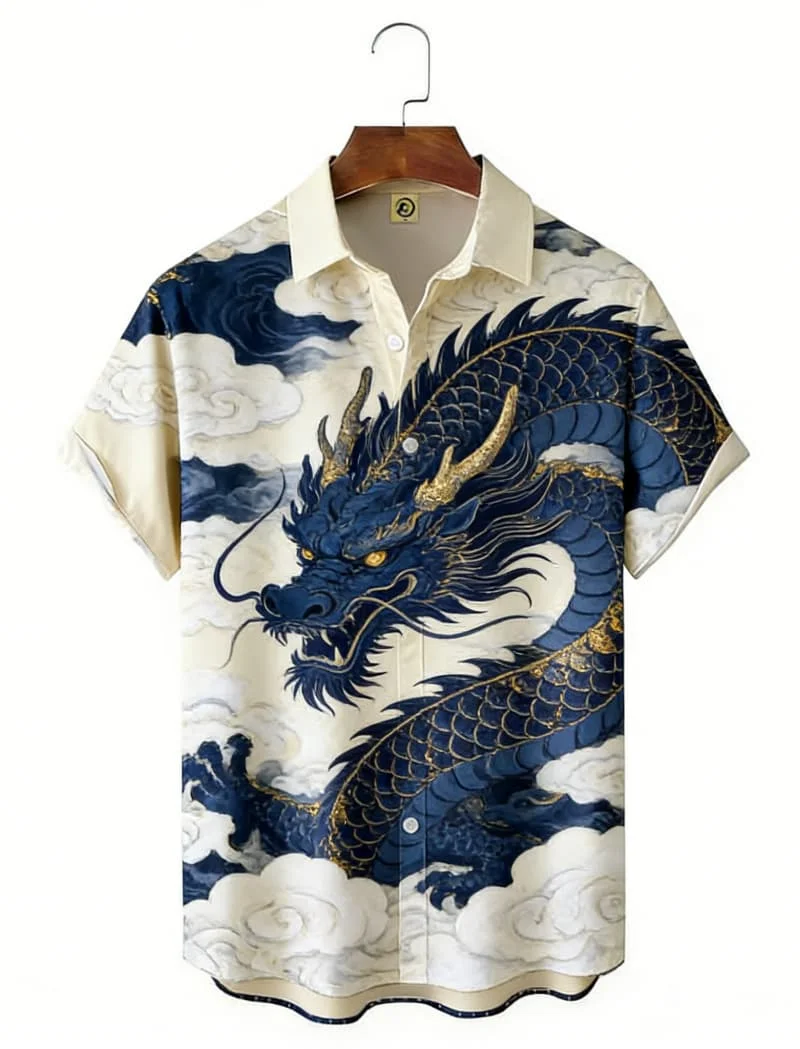 

Men's Trendy Mythical Creature Print Short Sleeve Shirt Summer Casual Fashion For Daily Wear Holiday And Street Style Outfits