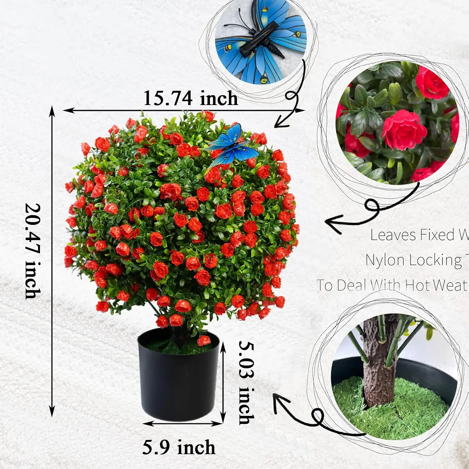 Artificial Rose Topiary Ball Tree 20.47” Tall Set Of 2 Simulated Potted Plants And 12 Simulated Butterflies,Suitable For Indoor