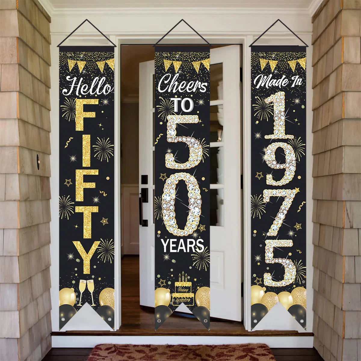 Türvorhang zum 50. Geburtstag, Prost bis zu 50 Jahren, hängendes Banner, schwarz-goldenes Geburtstagsparty-Dekoration für Zuhause, Jubiläumsdekorationen