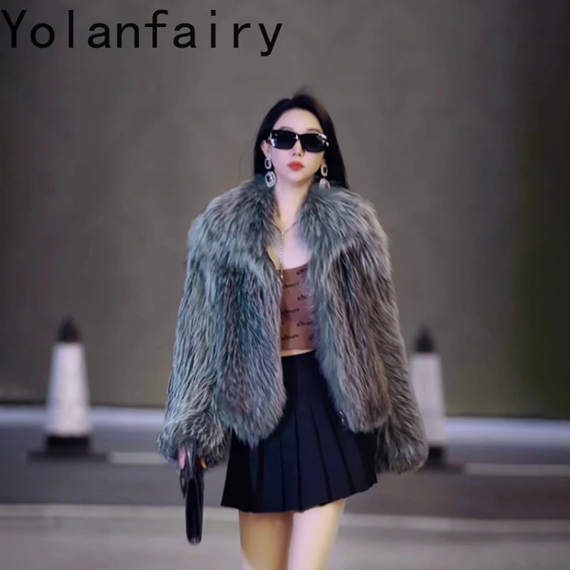 

YOLANFAIRY Autumn and winter imported fox fur whole leather woven coat Long-sleeved fur jacket suit collar and zippe шуба 2025