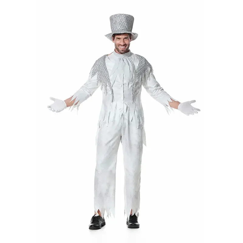 High Quality Halloween White Gghost Corpse Costume Vampire Men Cosplay Demon Costume Bar Party Men Nightclub Stage Costume