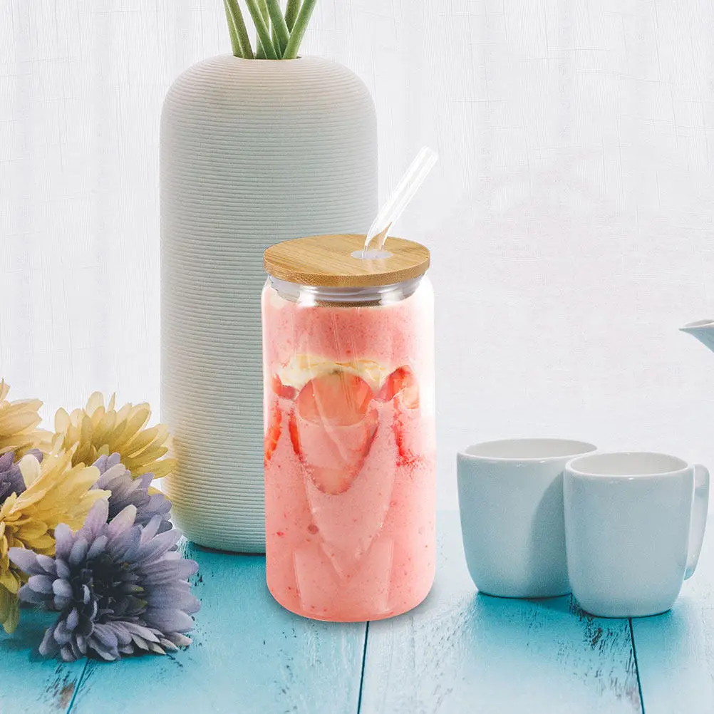 

1Set Can Shaped Glass Cup with Bamboo Lid and Straw Clear Reusable Tumbler for Iced Tea Juice Milk Cold Drinks Coffee Water