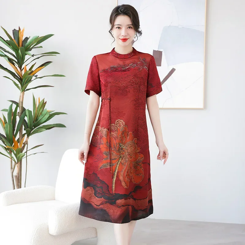 Middle-Aged Mom Spring and Summer Costume Dress Wedding Suit Cheongsam plus-Sized plus Size New Cheongsam