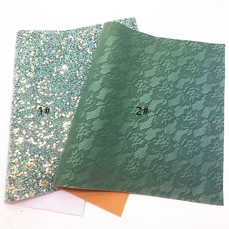 Dark Green Tissel Glitter Leather Lace Synthetic Faux Fabric Roses Embossed Faux Leather White Star Glitter for DIY 21x29CM Y529