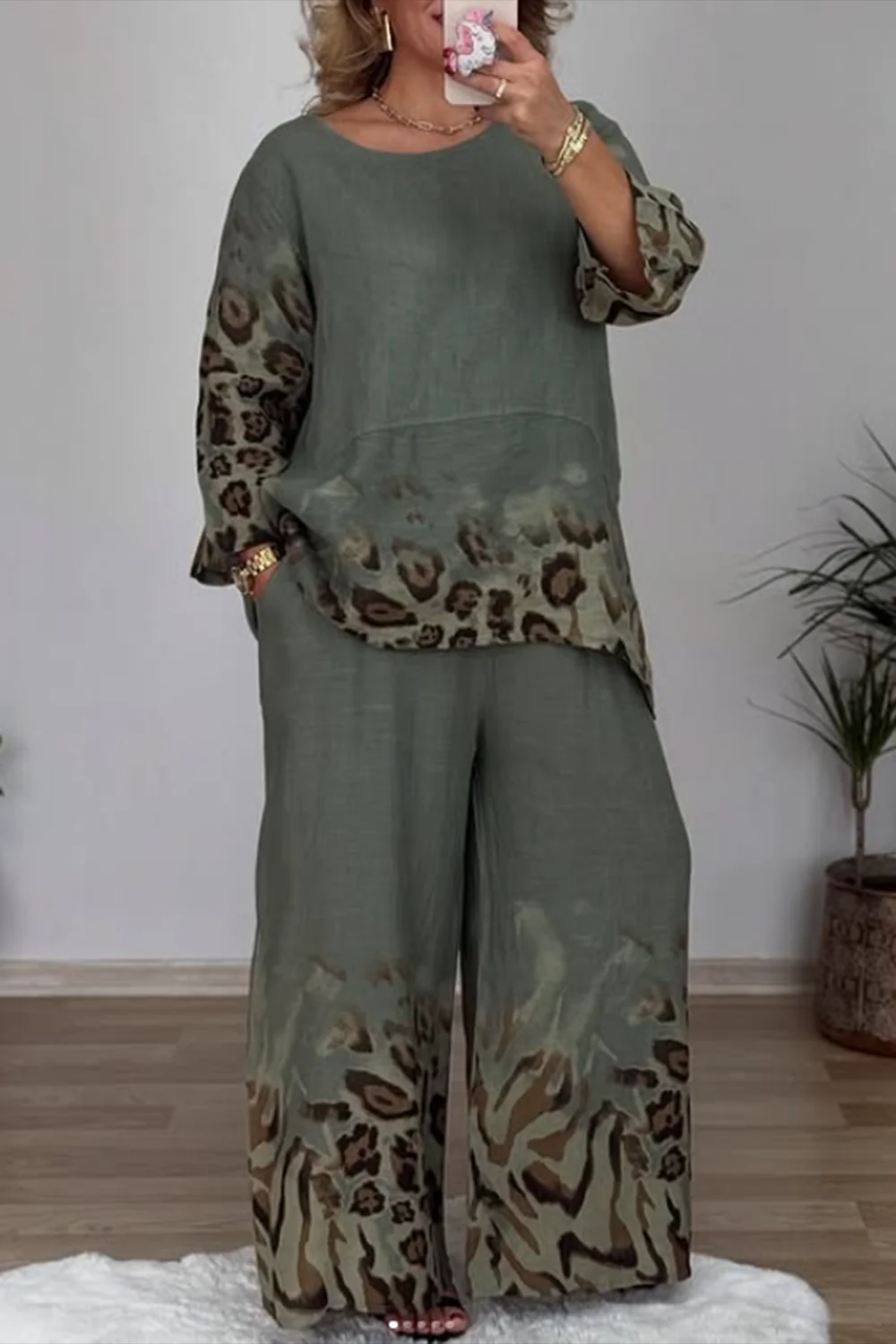 Conjunto de pantalón de dos piezas con estampado de leopardo informal para mujer, conjunto a juego de manga larga Vintage con cuello redondo, talla grande, para otoño 2025