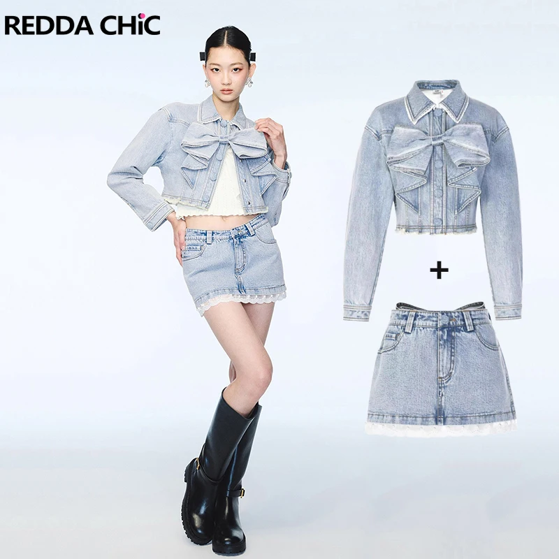 

REDDACHiC милый джинсовый костюм с бантом, облегающий повседневный укороченный джинсовый пиджак с кружевной отделкой, мини-облегающая юбка, корейский женский одинаковый комплект
