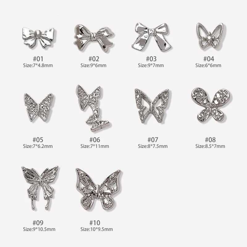 10Pcs Mini Bowknot Silver Metal Nail Charms Mixed Butterfly Shaped 3D Nail Art Decoration Gold Bowtie Heart Manicure Accessories