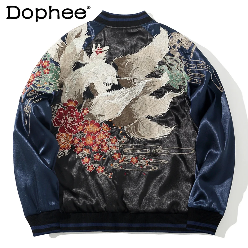 Fashion Hengsuhe Nine Tail Fox Spring Autumn Jacket Embroidery Men Women Couple Baseball Collar Casual All-match Outerwears