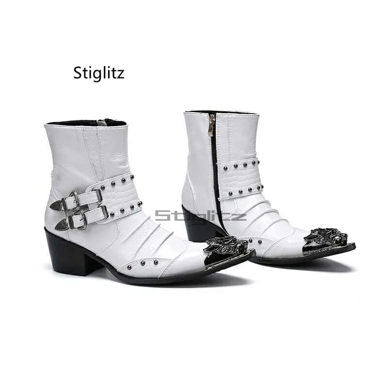 

White Genuine Leather Men's Chelsea Boots Belt Buckle Rivet Zipper Cowhide Short Boots Metal Pointed Toe High Heel Male Shoes