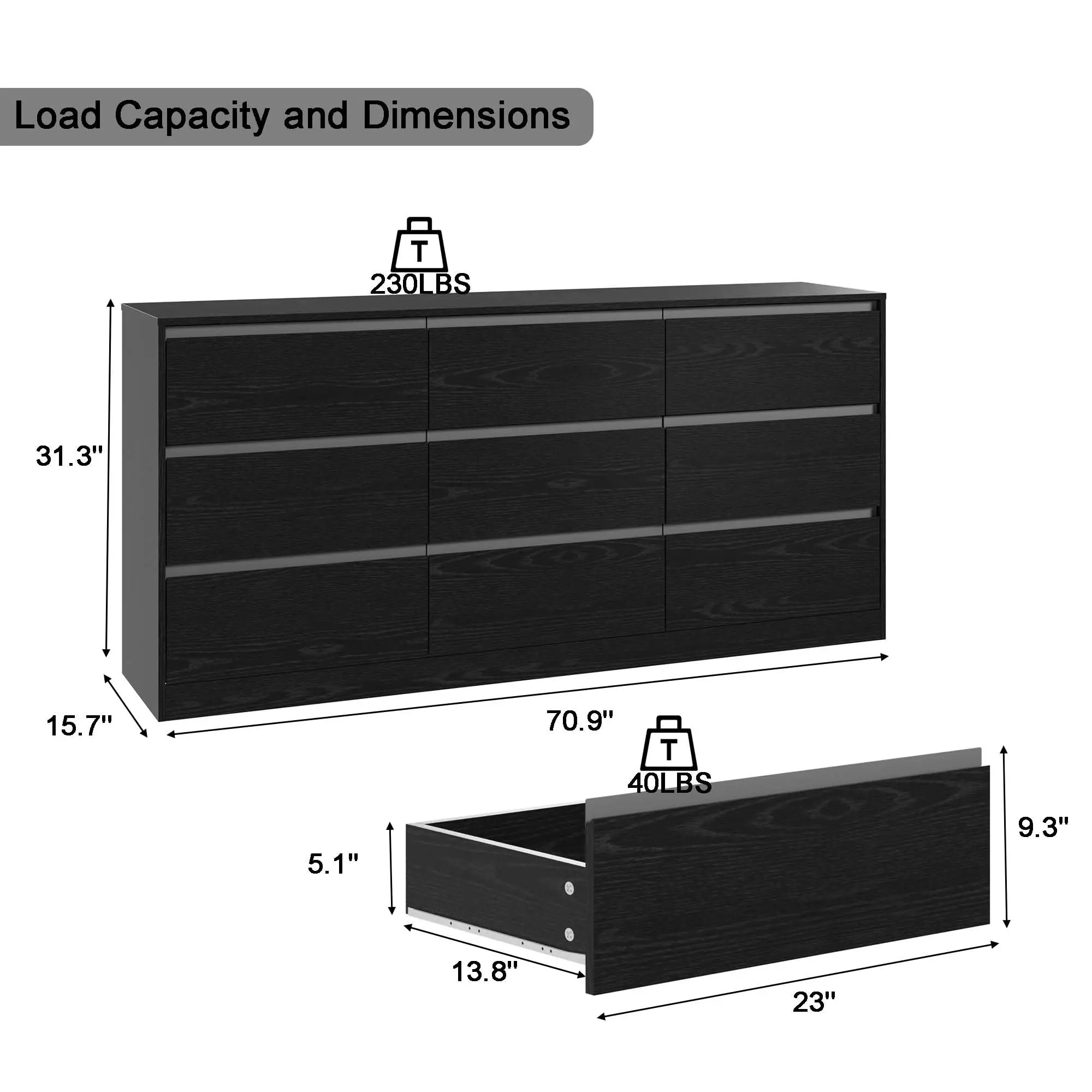 70.9” Dresser for Bedroom with 9 Drawers, Large Modern Chest of Drawers with Deep Drawers, Wide Double Dresser Handle