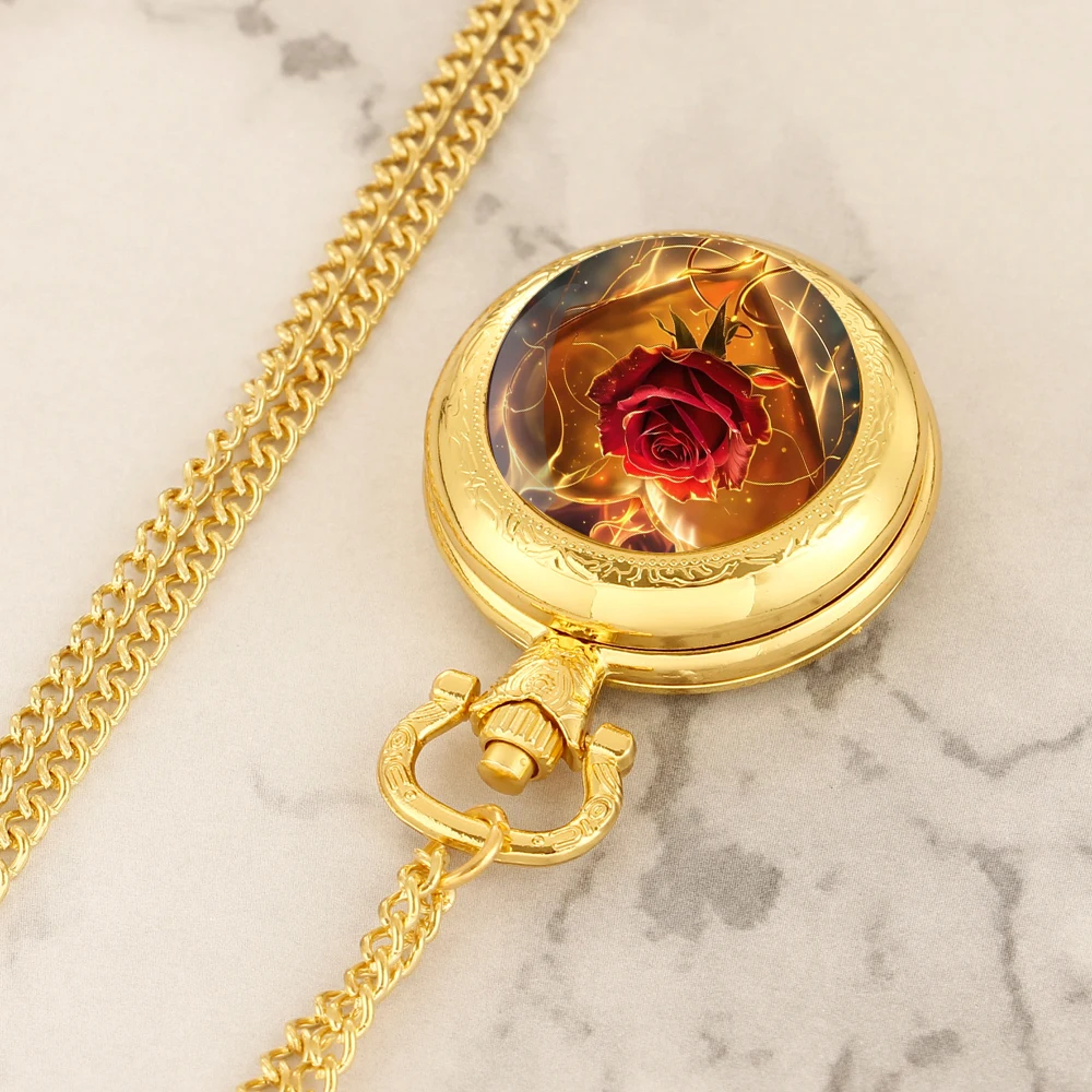 Exquisite Golden Heart Rose Vintage Quartz Pocket Watch Women Men Necklace Unique Pendant Clock Watch Gift Accessories