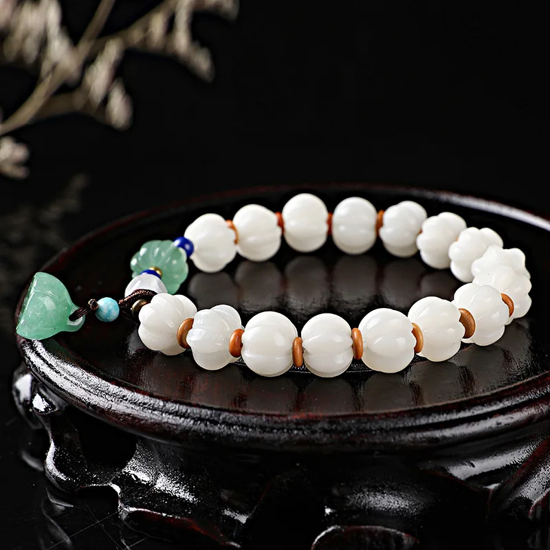 Natural White Jade Bodhi Bracelet Bodhi Root Carved Pumpkin Beads Lingyin Same Style Hot Selling Bracelet Women's Ancient Style