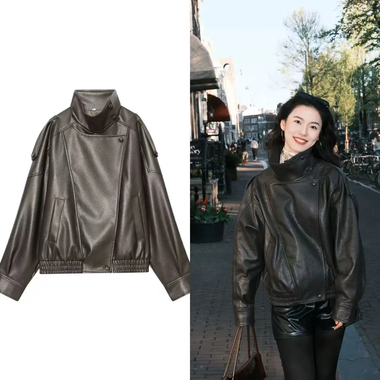 2026 Women's Faux Leather Stand Collar Jacket 2026 New Season Litchi Texture Leather Jacket Simple Commuter Style