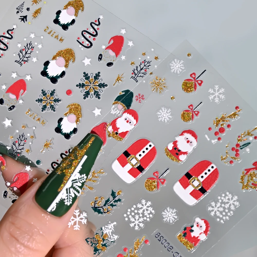 5D 크리스마스 반짝이는 만화 네일 스티커 눈송이/산타클로스/크리스마스 트리/노움 접착 네일 데칼 매니큐어 장식