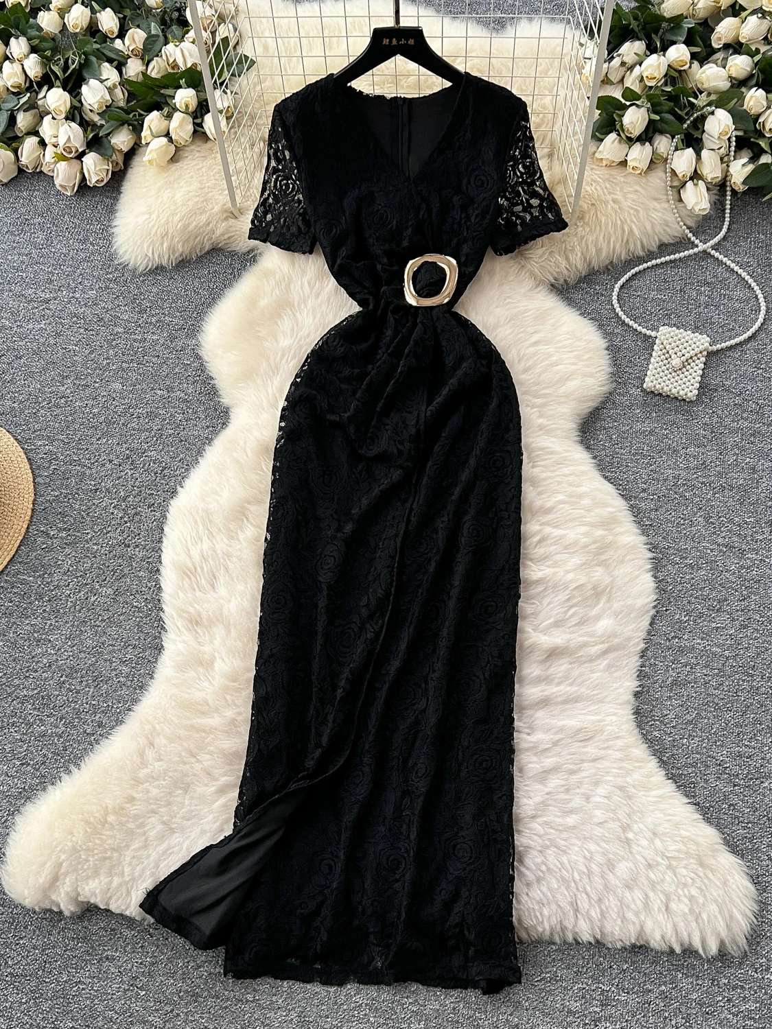 

French Style Metal Buckle Waist V-neck Short Sleeved Lace Dress Women's Slimming Split Long Bodycorn Dresses