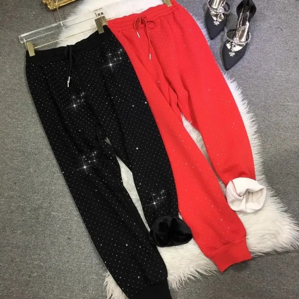 Plus Size L-4XL 150KG Women\'s Fleece Sweatpants 2024 New Red Diamond Stamping Harem Pants Autumn/winter Casual Female Trousers