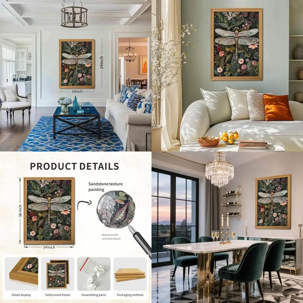 

Vintage 3D Textured Wall Art: Hand-Drawn Green Dragonfly & Flowers - Sandstone Botanical for Home, 24x36in