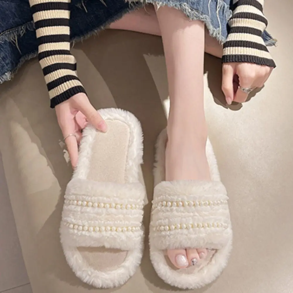 

Cute Thick Sole Pearl Plush Slippers Non-Slip Indoor Outdoor Warm Fur Slippers Winter Fluffy Y2k Leopard Slippers Home