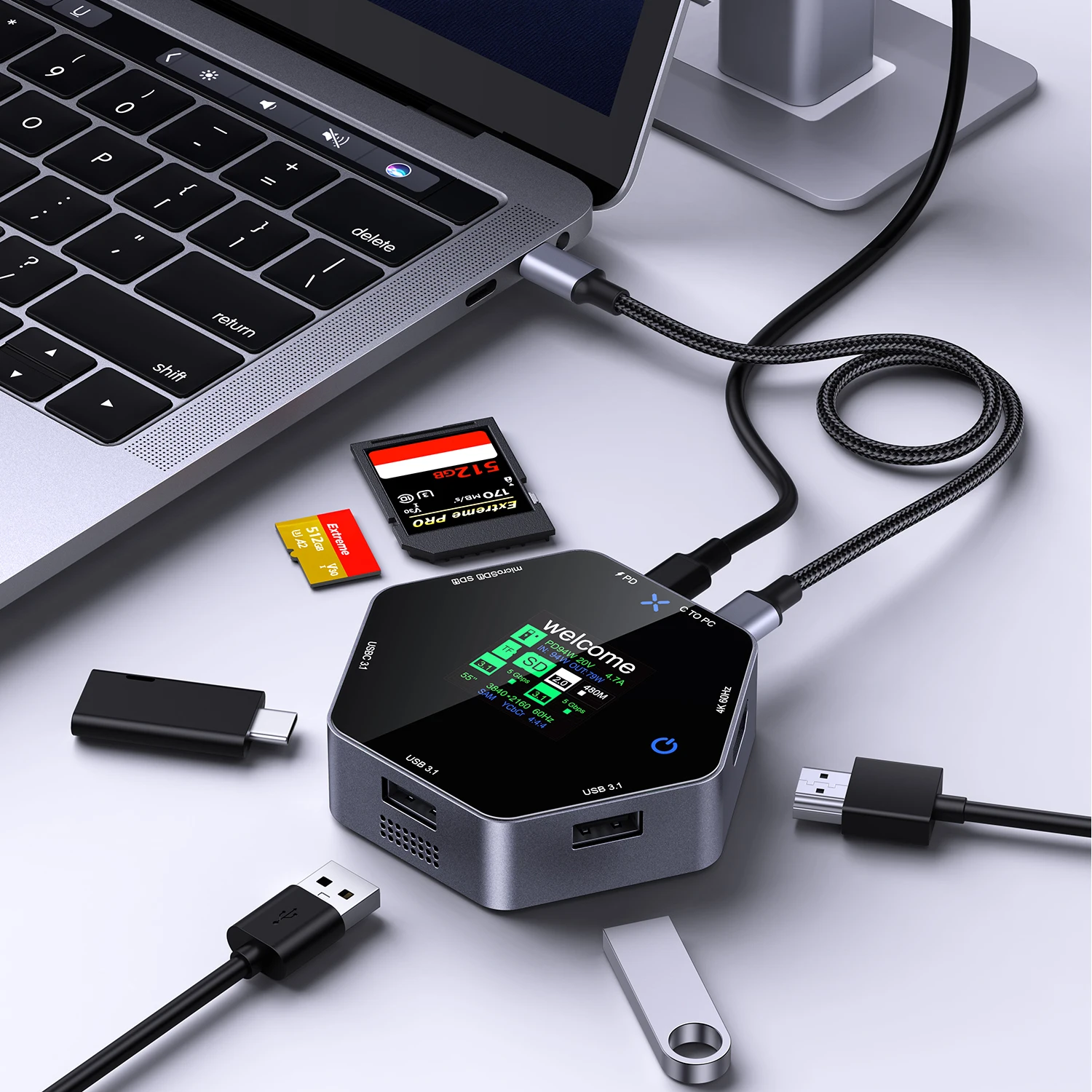 

8-in-1 USB C 3.1 Hub Multi-Port USB Adapter with Smart Display for Laptops 4K@60Hz USB C to HDMI Splitter SD/TF3.0 85W Delivery