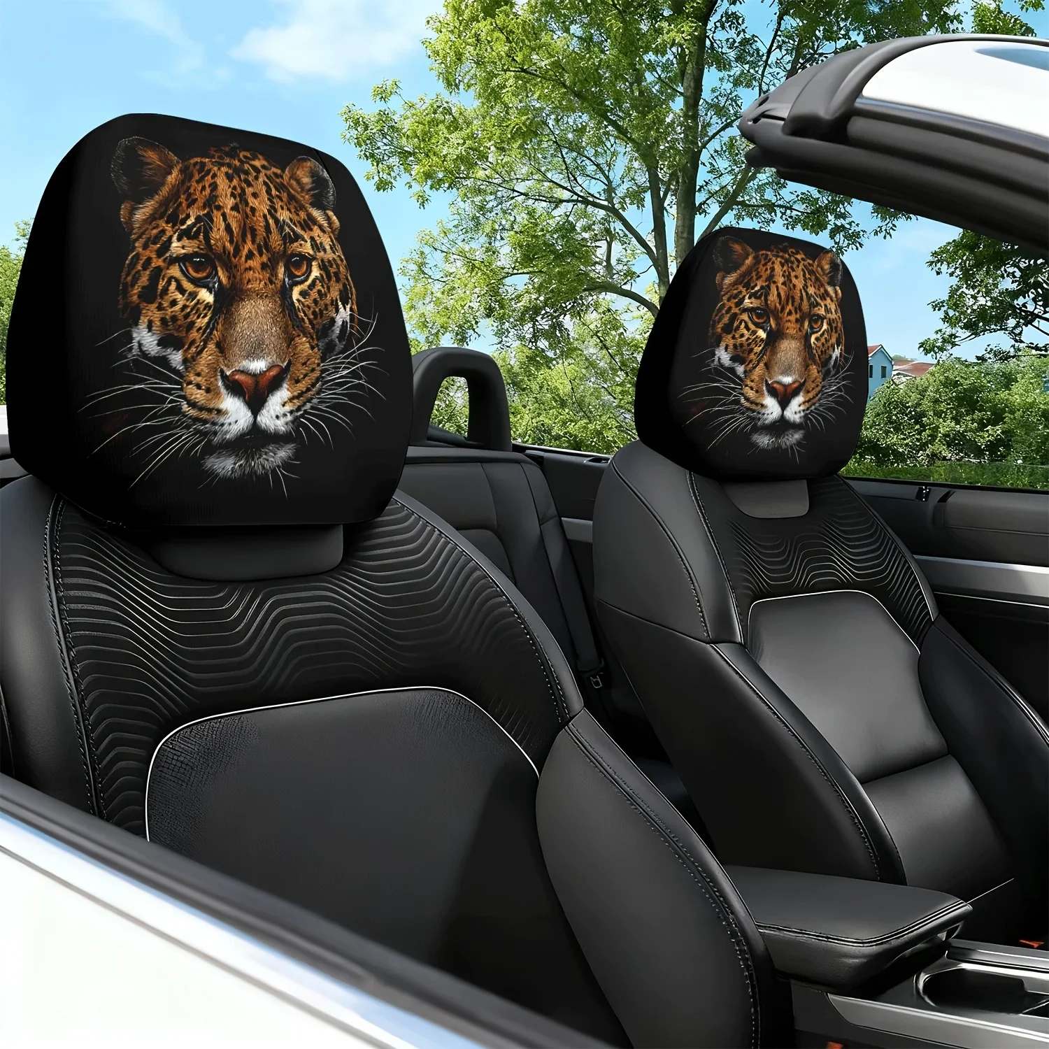 2pcs Spotted Leopard Eye Close-Up Theme Print Car Seat Cushion Headrest Neck Pillow Protector - Featuring a Cute Design - Car