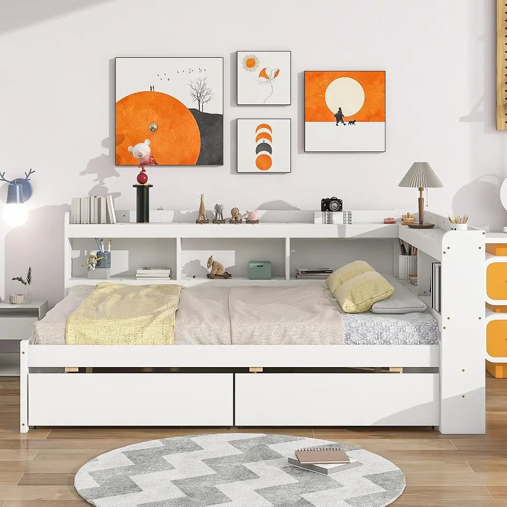 Tempat Tidur Platform Ukuran Penuh Dengan Dua Laci Penyimpanan Dan Rak Buku Berbentuk L, Rangka Tempat Tidur Tain Kayu Dengan Headboard Rak Buku, Sudut