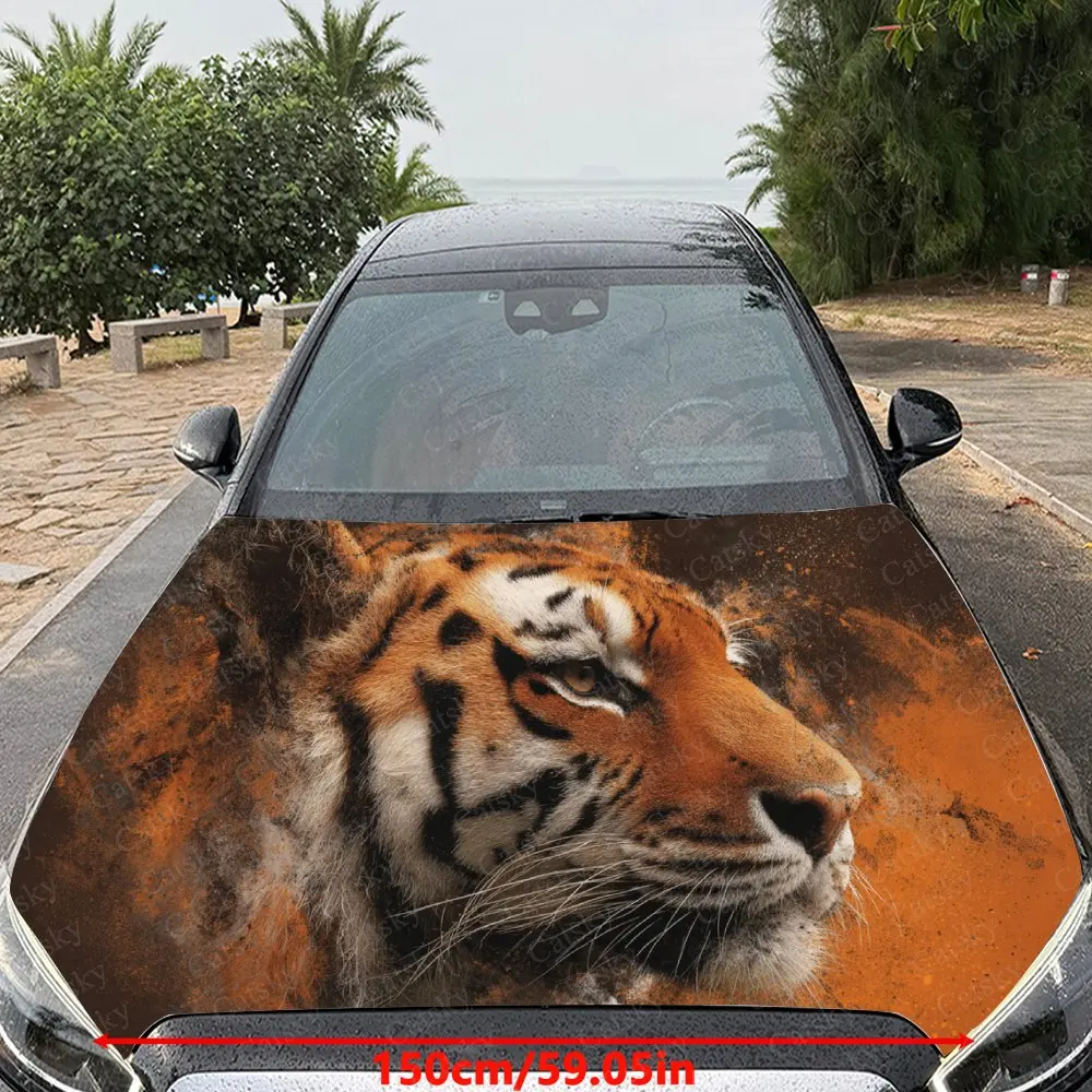 Car Decal Orange Tiger with Hazy Textural Artistic Fusion Design, Creating a Mysterious and Bold Visual Car Hood Sticker, Waterp