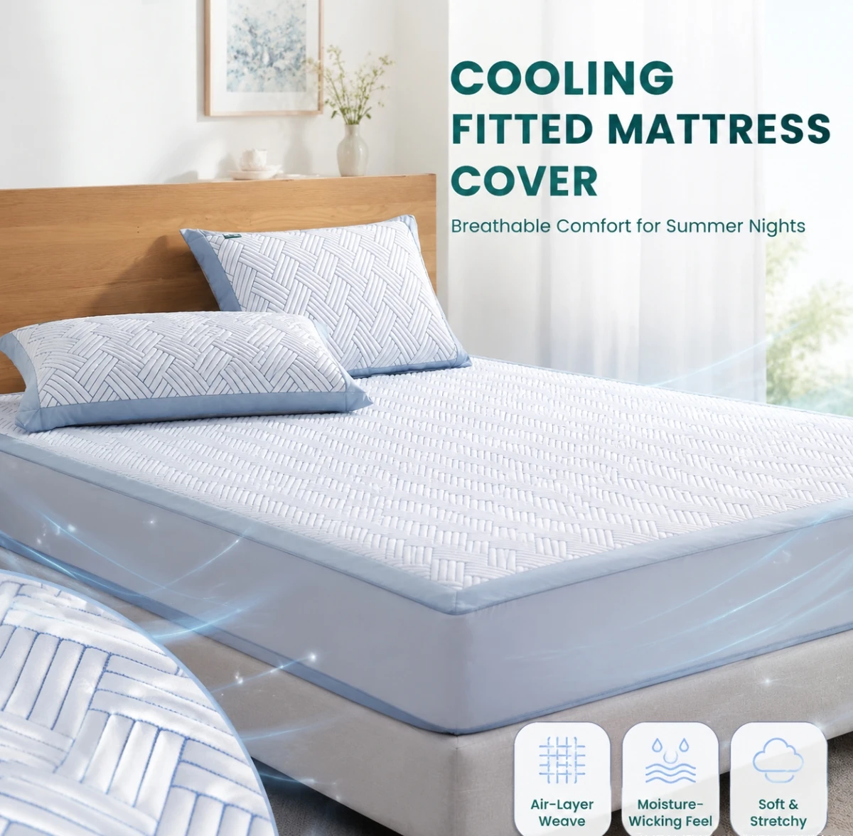 Air Layer Herringbone Cooling Topper with Pillowcases, Breathable Woven Summer Mattress Pad, Moisture-Wicking & Soft Solid Cover