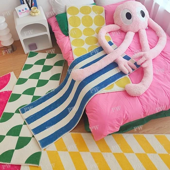 침실 침대 옆 러그, 다채로운 기하학 디자인, 귀여운 소녀 방 장식, 홈 대형 카펫, IG 패션, 푹신한 부드러운 바닥 매트