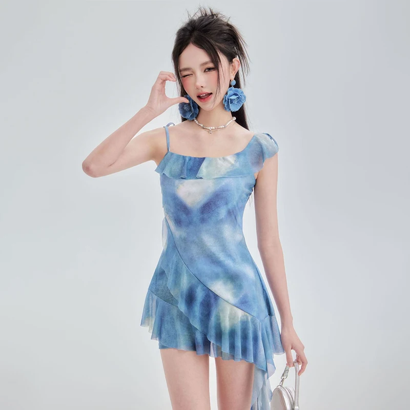 Sexy Tie-Dye Women Split Swimsuit 2025 New Irregular Ruffle Beach Bathing Suit Conservative Belly Covering Slimming Swimwear