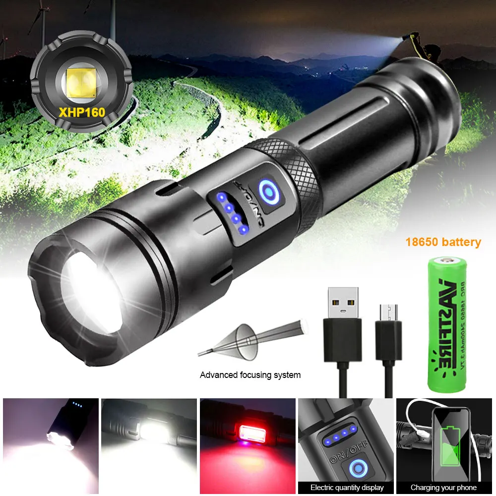 

XHP160 COB Led Powerful Flashlight USB Rechargeable Zoomable Torch Outdoor Waterproof Camping Lantern By 26650/18650 Power Bank