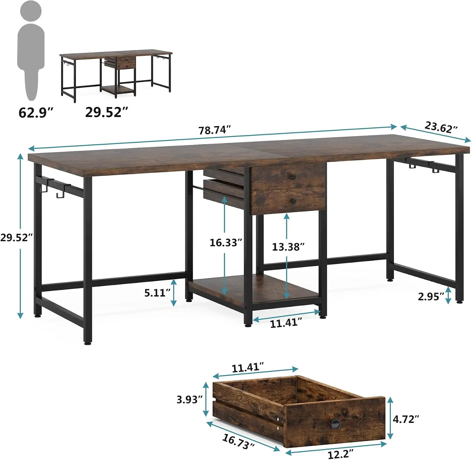 Two Person Desk, 79 Inch Double Desk with 2 Drawers, Large Computer Desk Long Desks with Storage Shelves, Writing Table Study De