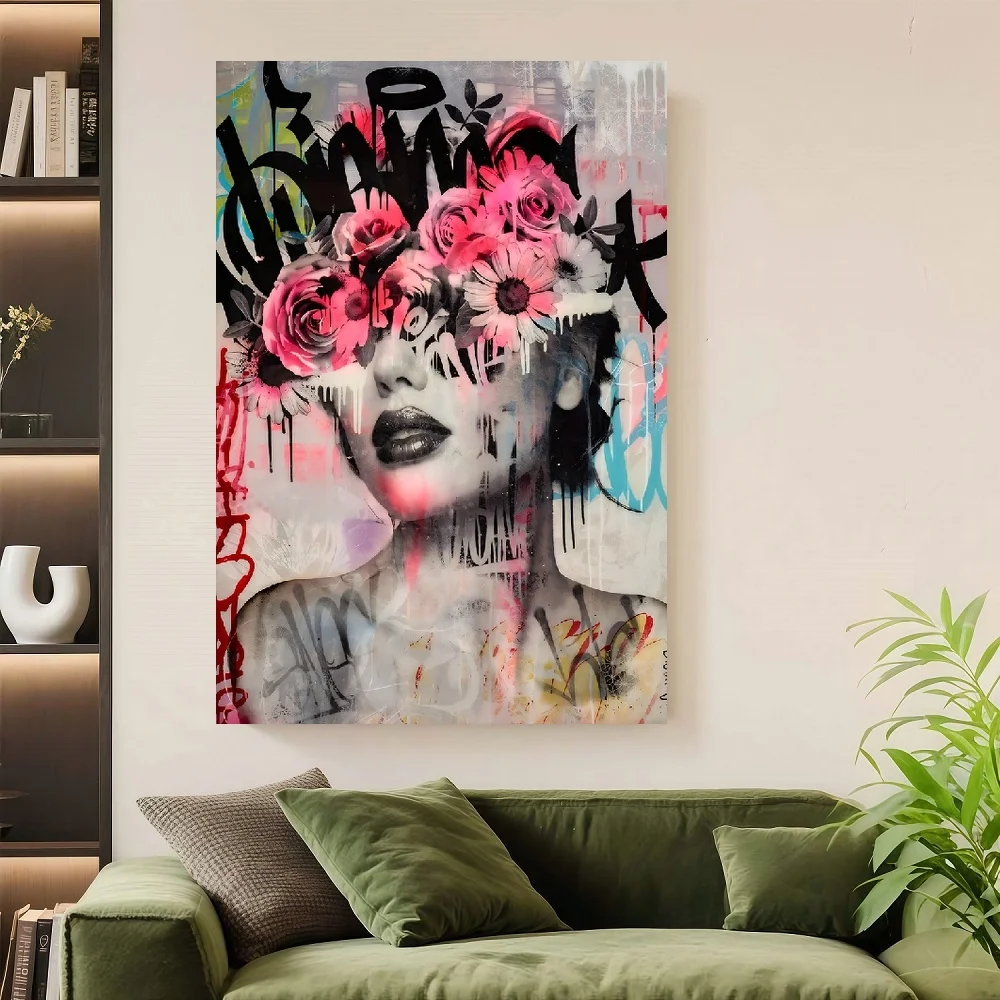 

Framed Flat 1pc Graffiti Floral Women'S Art Poster - Bold Street Art Canvas Painting, Modern Wall Decor for Living Room, Bedroom