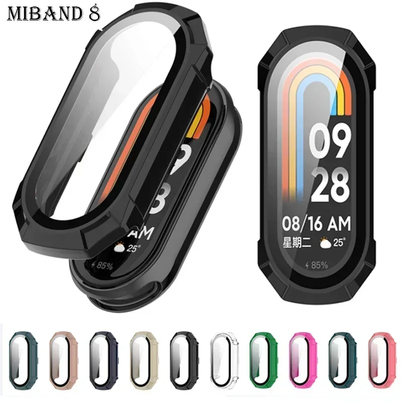 Закаленное стекло + чехол для xiaomi mi Band 8, ПК, бампер, защитная пленка для смарт-часов miband8 HD, пленка + чехол для смарт-браслета 8, аксессуары
