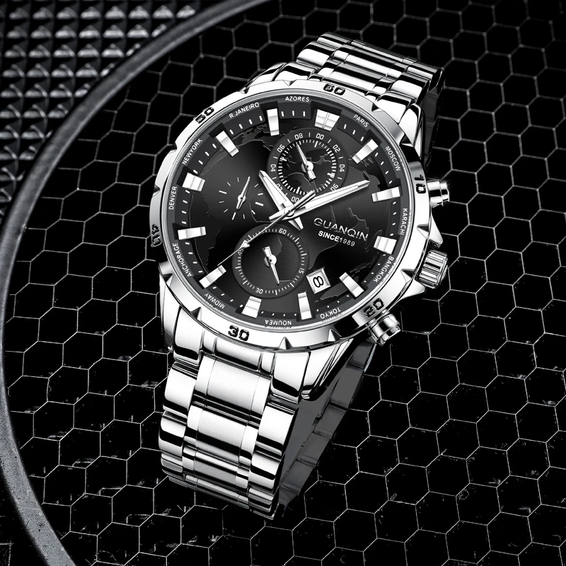 GUANQIN Luxury Quartz Watch for Man World Pattern Series Multifunctional Dial Chronograph Calendar Function Men Watches