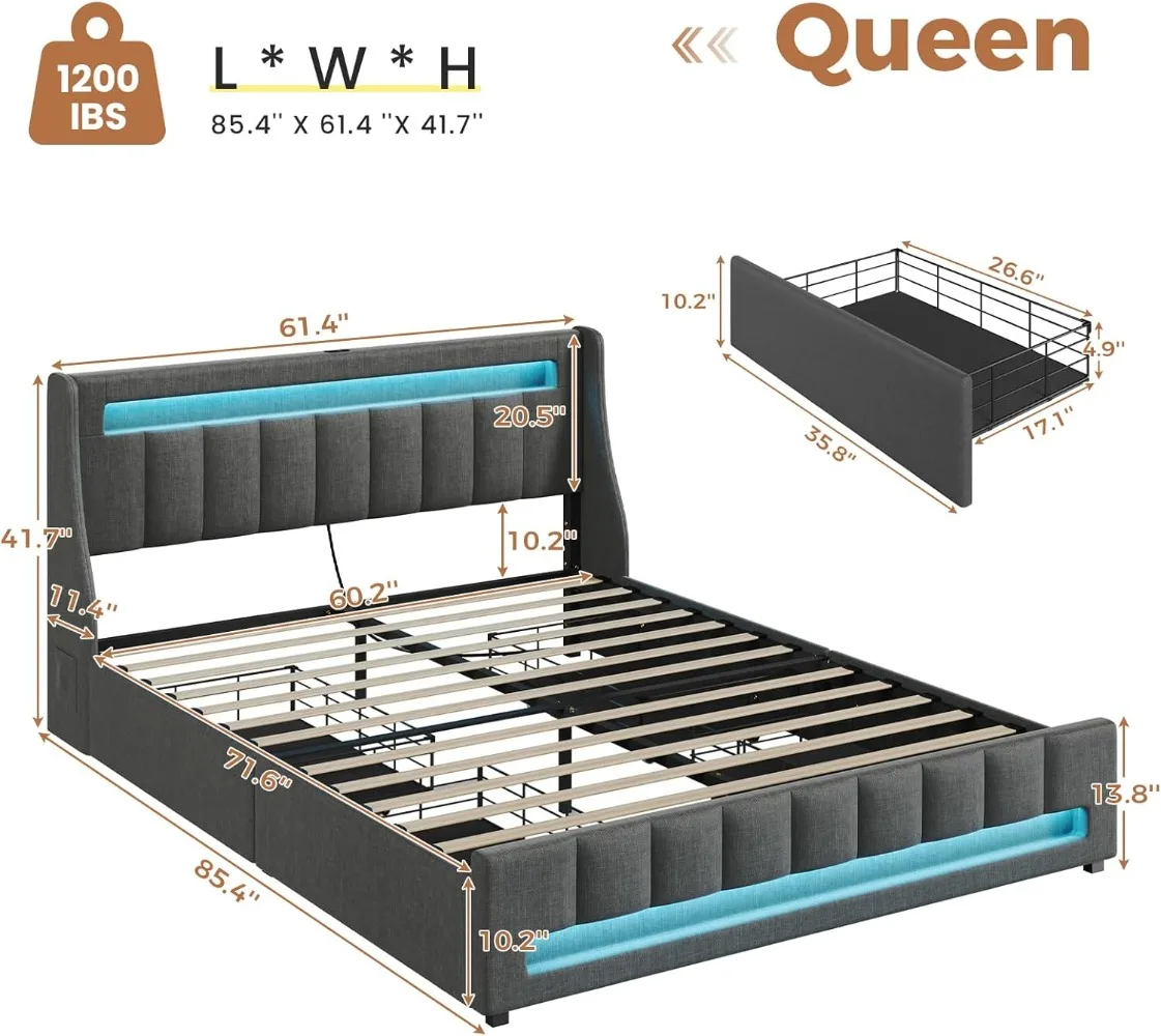 Queen Size Bed Frame with 4 Storage Drawers, RGB LED Light, Charging Station, Slat Support, No Box Spring Needed, Easy Assembly image 5