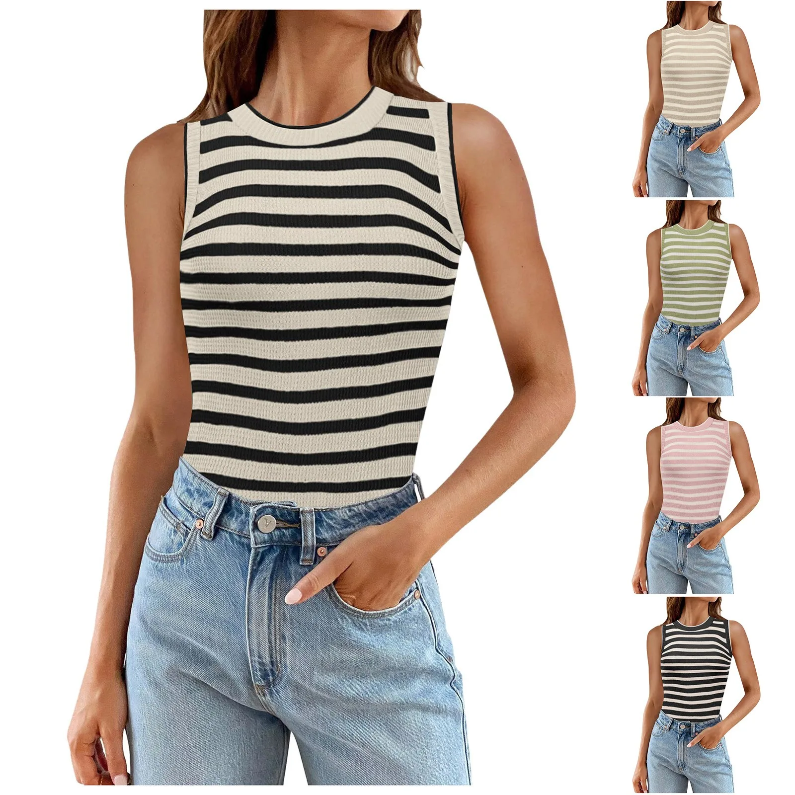 Women\'s Tops 2024 Summer New Fashion Striped Ribbed Fitted Knit Vest Tops Casual Versatile Sleeveless Inner Vest Camisole