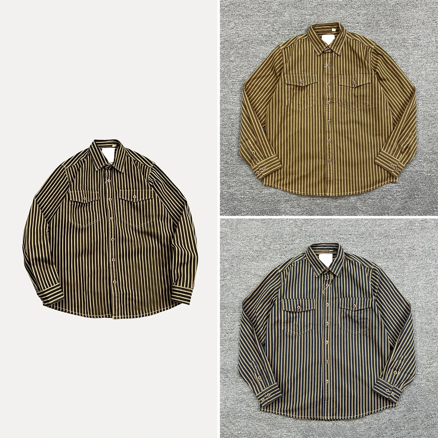 Men's Fashion Workwear Shirt Jacket Loose Fit Vertical Stripes Vintage Style Long Sleeve Button up Casual Outerwear