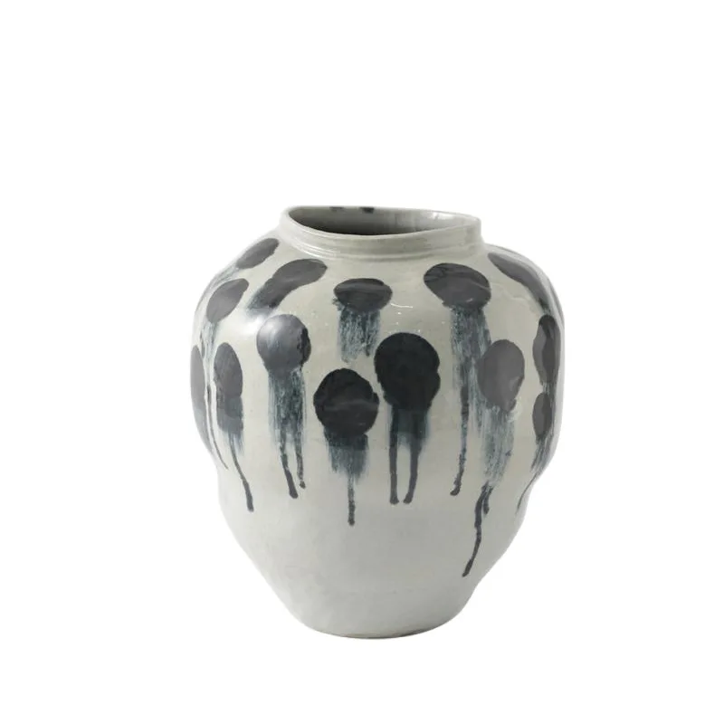 Jingdezhen pottery pot spotted green and black ink handmade vase retro Chinese model room wabi sabi ceramic soft flower ornament