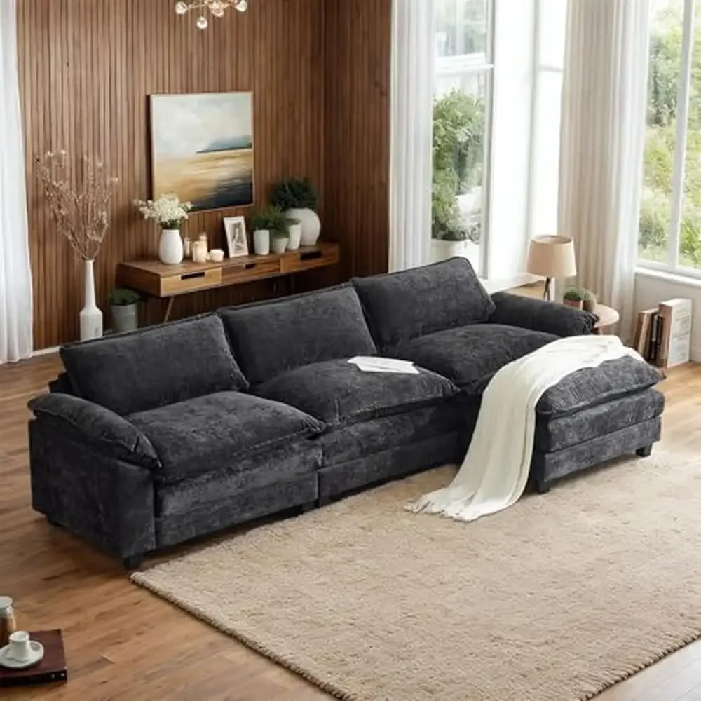 Convertible Sectional Sofa L-Shape Deep Seat Couch Living Room Chenille 3-Seat Ottoman Small Generous Seating Space High-Quality