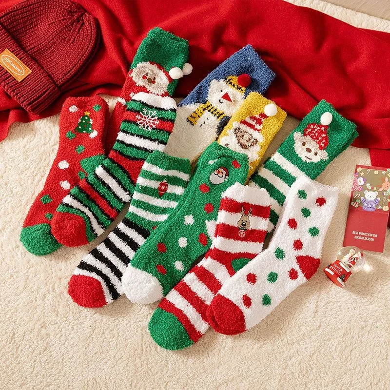 Świąteczne skarpety Świętego Mikołaja z polaru koralowego, grube, ciepłe, pluszowe, do noszenia w domu, do spania, zestaw w pudełku prezentowym, prezent świąteczny dla par.